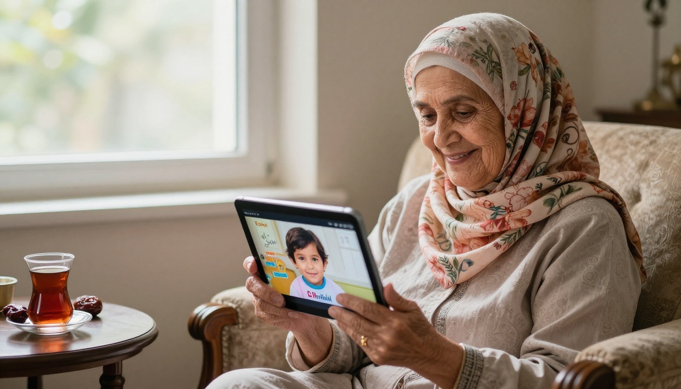 Grandmother in a floral headscarf smiling at a tablet showing a child's Eid greeting card
