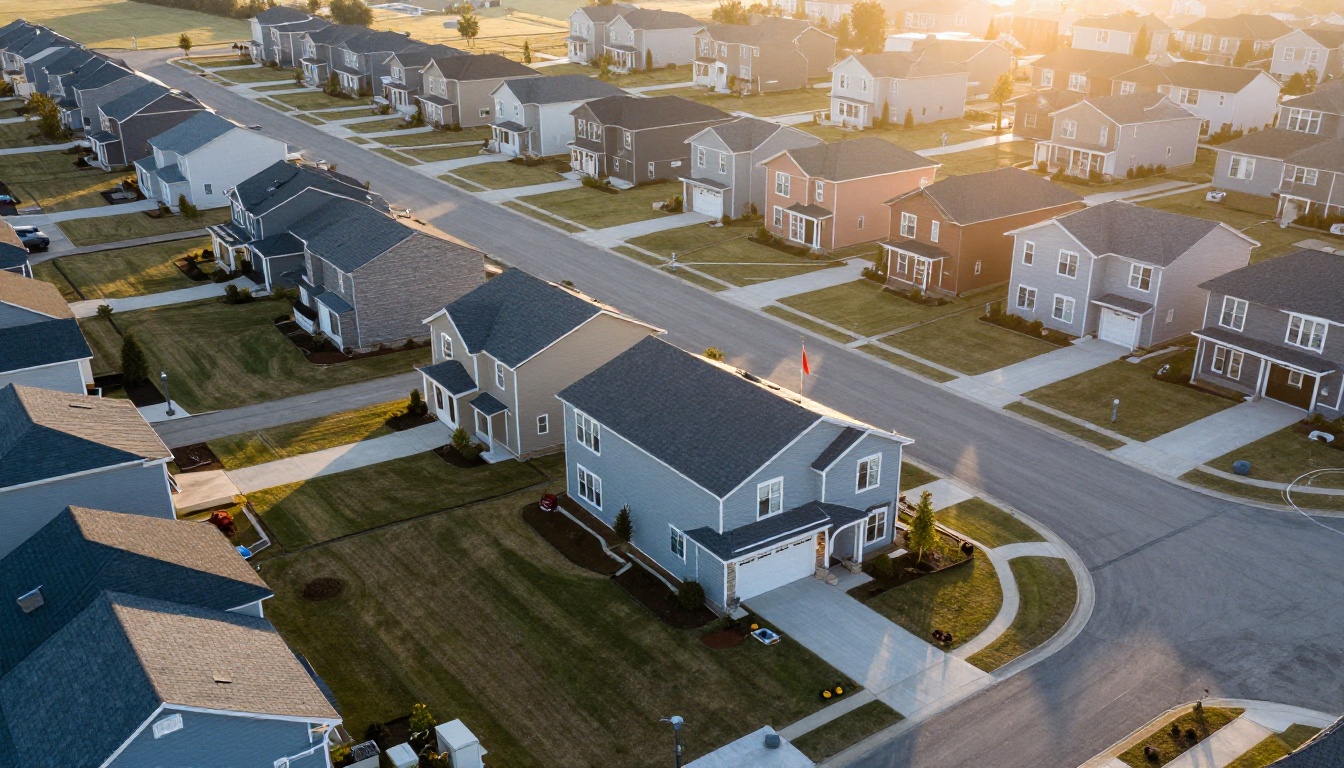 Aerial view of a new suburban housing development at sunrise