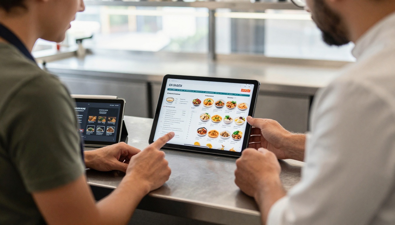 A sales rep and a chef reviewing a seasonal product catalog together