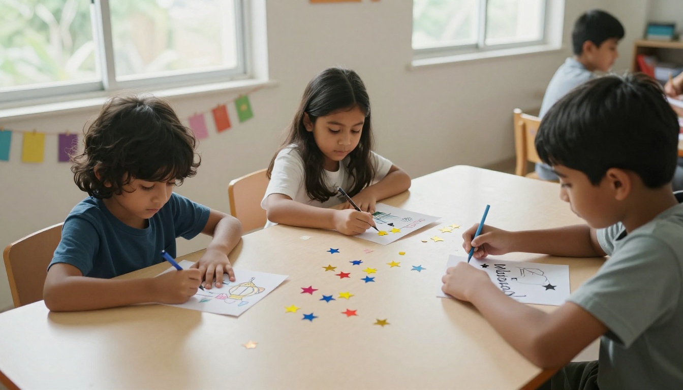 Three children making Eid cards together at a long table with paper garlands behind them