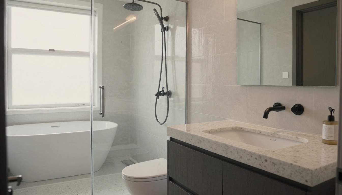 Primary bathroom with frameless glass shower, double vanity and freestanding tub
