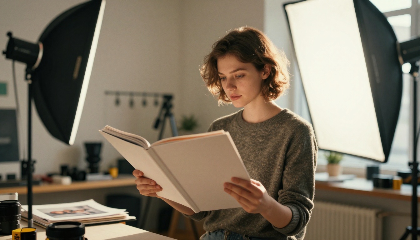 Photographer holding a large printed portfolio in a studio Photographer holding a large printed portfolio in a studio