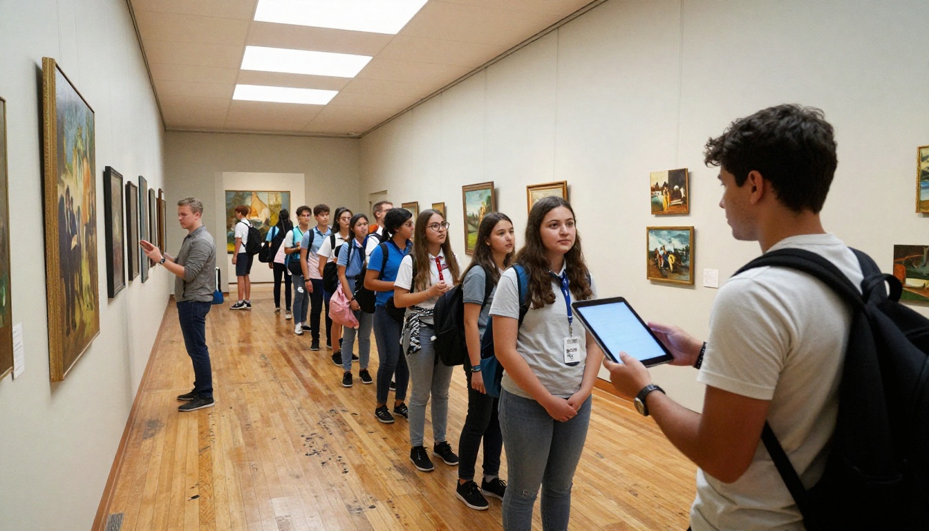 A school group of teenagers in a small museum gallery with a teacher holding a tablet A school group of teenagers in a small museum gallery with a teacher holding a tablet