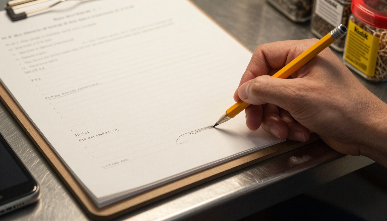 Hand-written par sheet on a clipboard beside a phone on a dry storage shelf