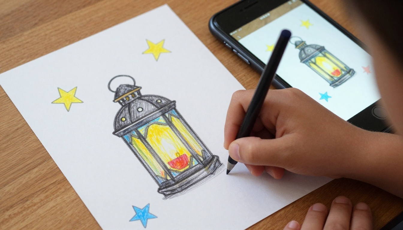 Hand-drawn lantern Eid card beside a smartphone showing the scanned version