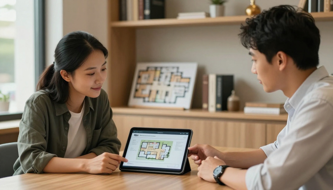Sales agent and couple reviewing a digital brochure on a tablet in a builder sales office