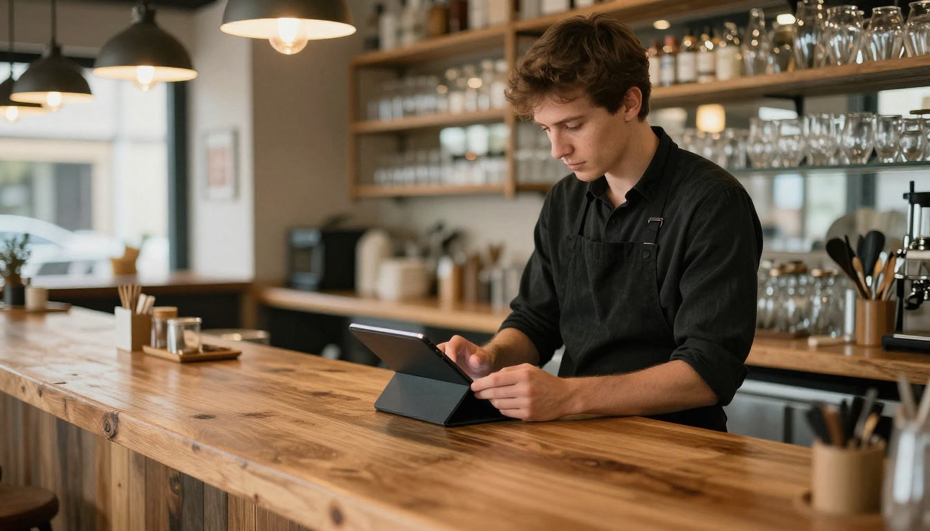 Restaurant owner reviewing a menu on a tablet Restaurant owner reviewing a menu on a tablet