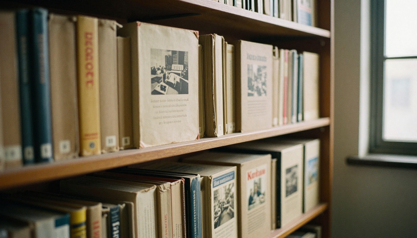 An archive shelf with boxes of old exhibition catalogs in a museum library An archive shelf with boxes of old exhibition catalogs in a museum library