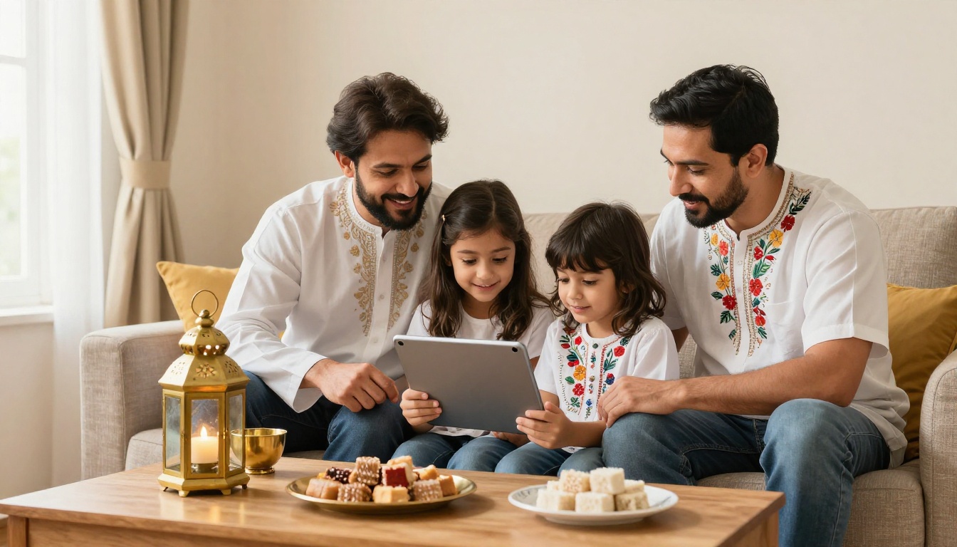 Family of four on a sofa on Eid morning looking at a tablet showing a digital greeting card