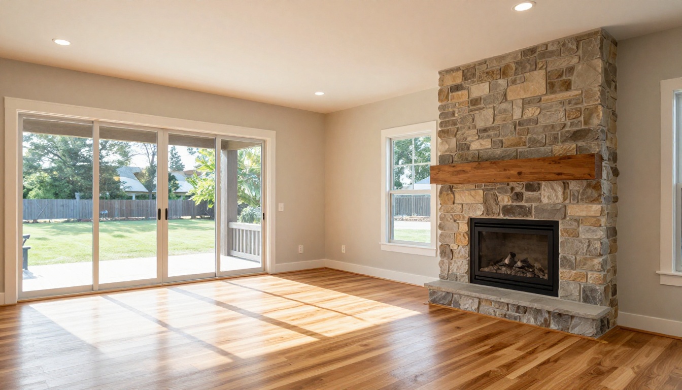 Open concept living room with engineered hardwood flooring and stone fireplace