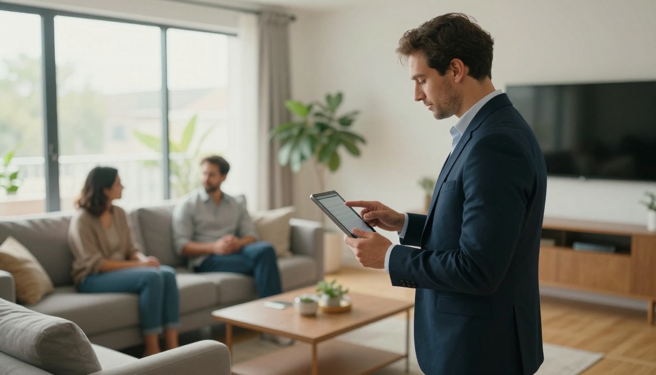 Real estate agent showing a tablet to a couple Real estate agent showing a tablet to a couple