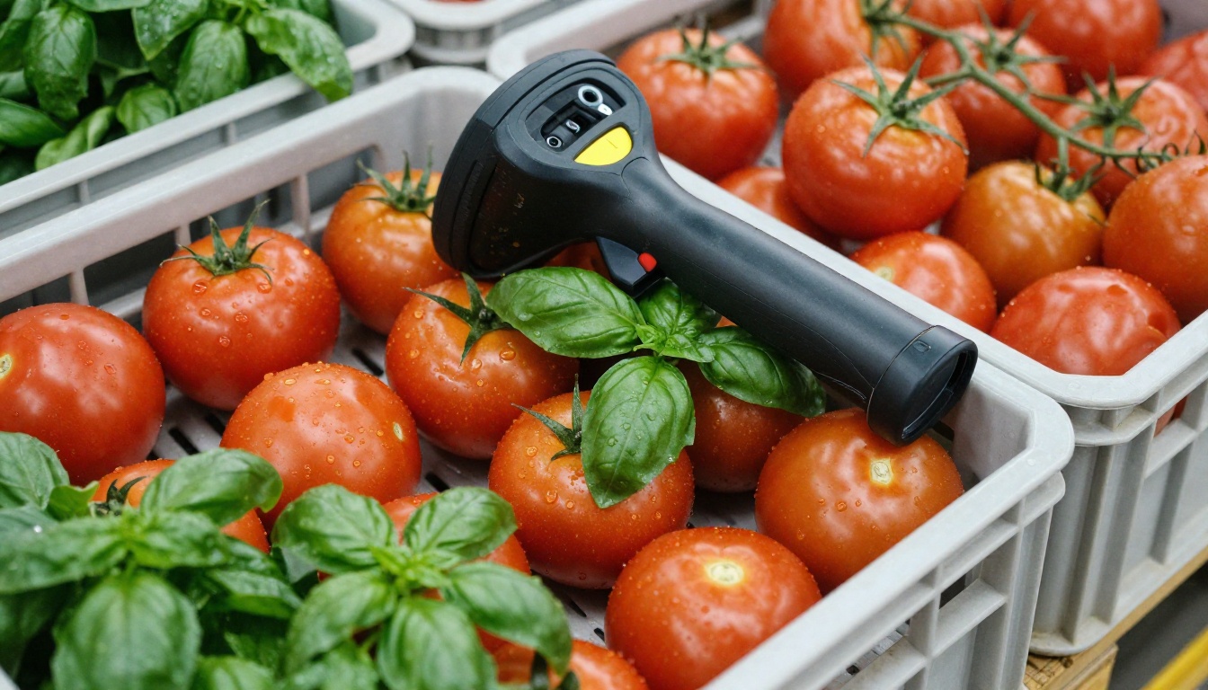 Fresh produce crates on a warehouse pallet with a handheld scanner
