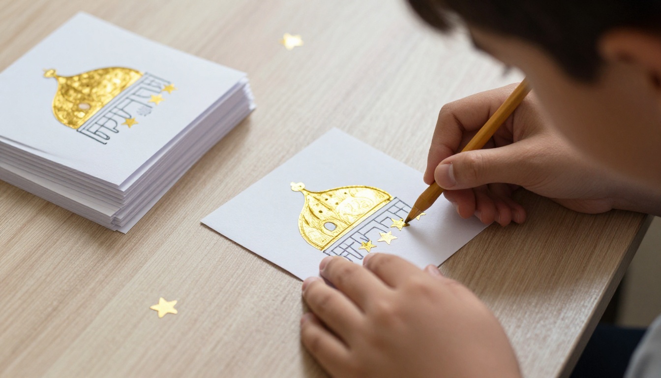 Boy decorating a handmade Eid card with gold star stickers and a drawn mosque dome