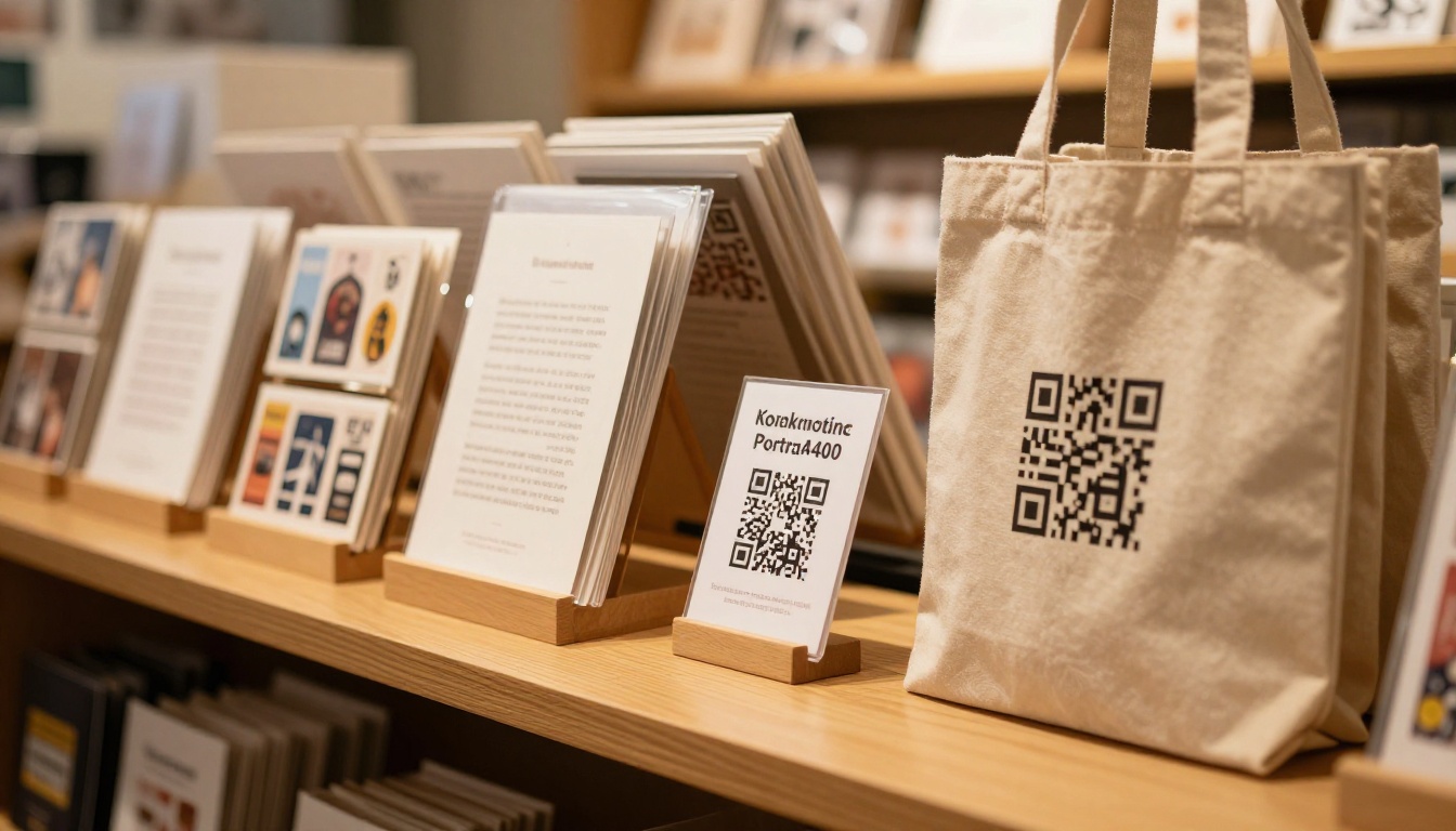 A museum shop counter with a QR code sign beside postcards A museum shop counter with a QR code sign beside postcards