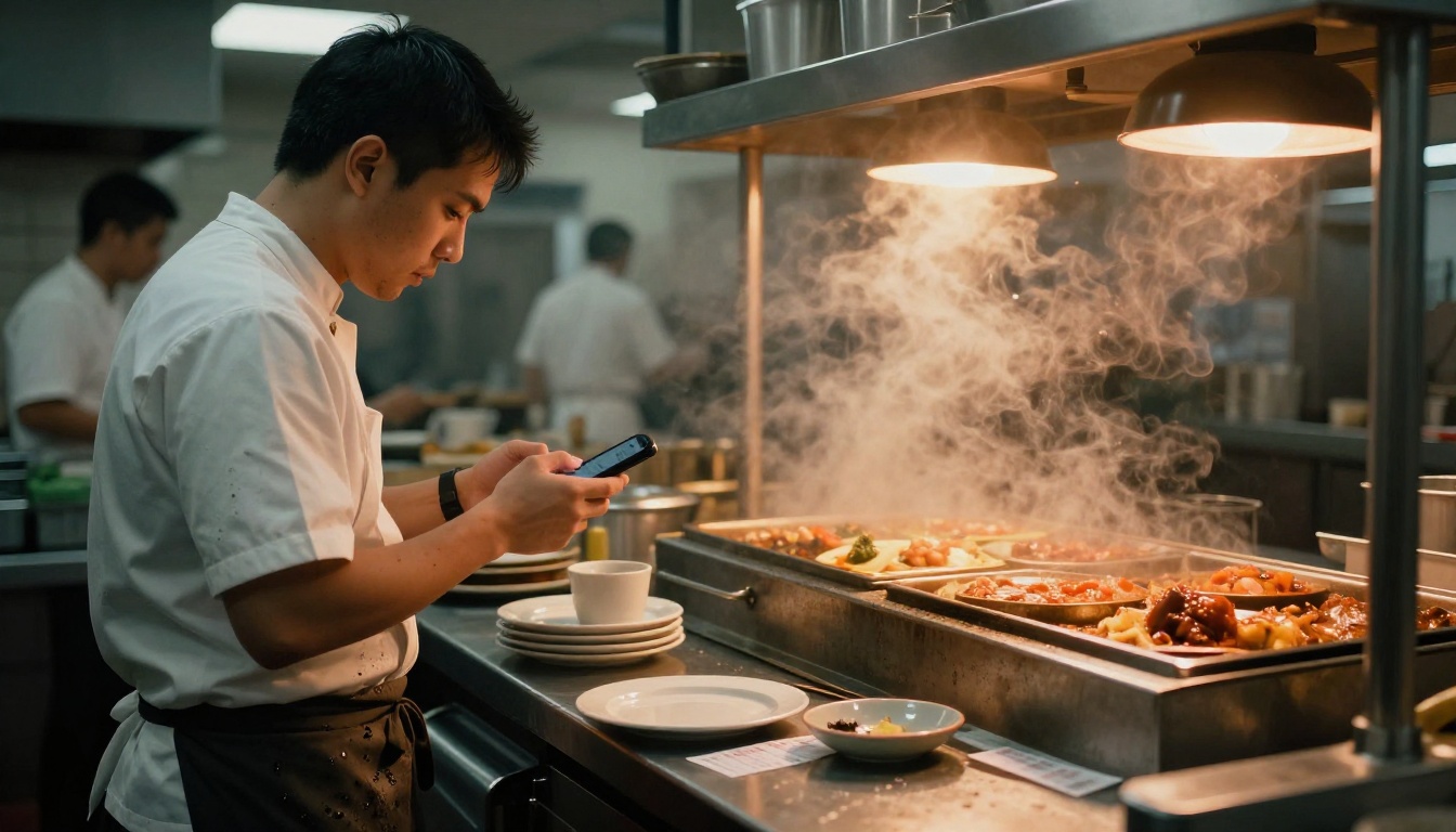 Line cook checking a phone at the hot pass during service
