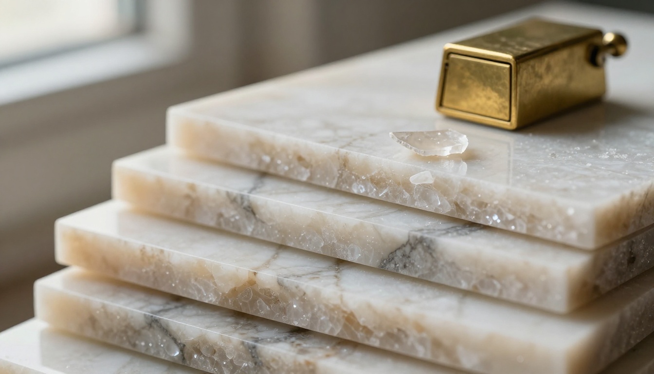 Close-up of quartz countertop sample slabs with a brass pull and tile chip