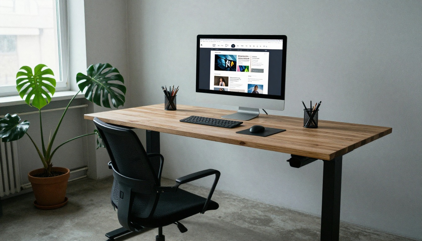 Standing desk with a large monitor showing a web page layout Standing desk with a large monitor showing a web page layout