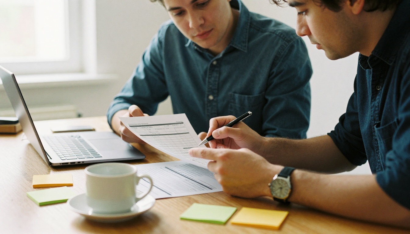Two colleagues reviewing a checklist at a shared table Two colleagues reviewing a checklist at a shared table