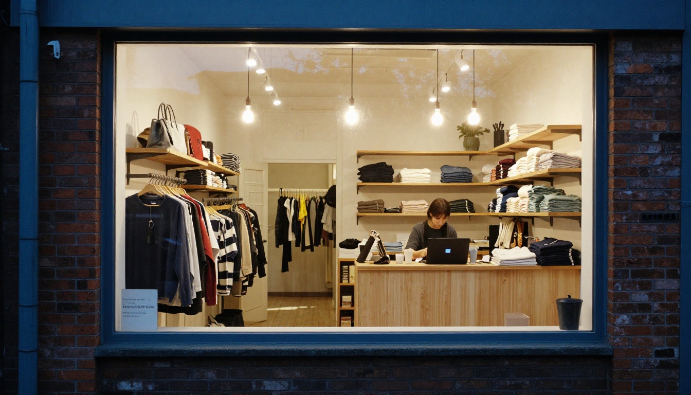 Boutique owner closing up with a laptop glowing on the counter Boutique owner closing up with a laptop glowing on the counter
