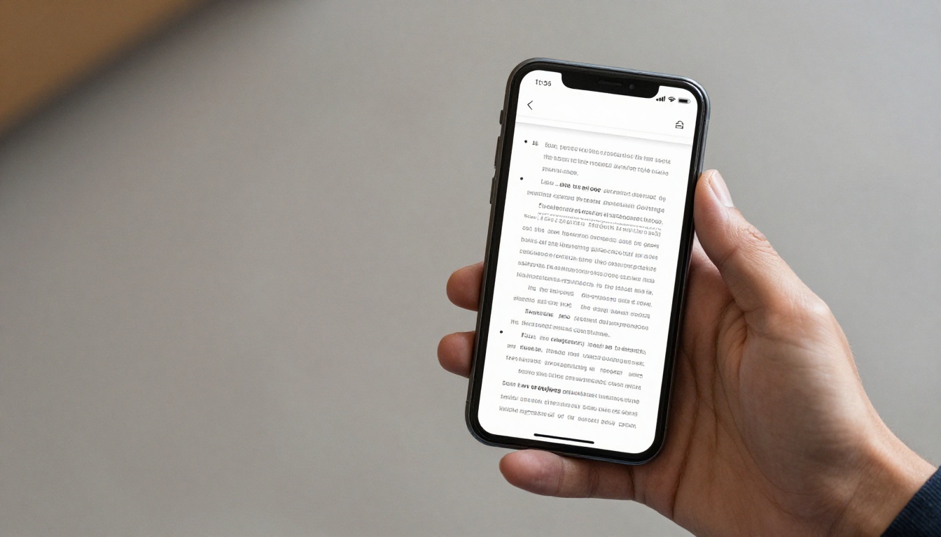 Hand holding a smartphone showing a mobile page with a book-style document viewer