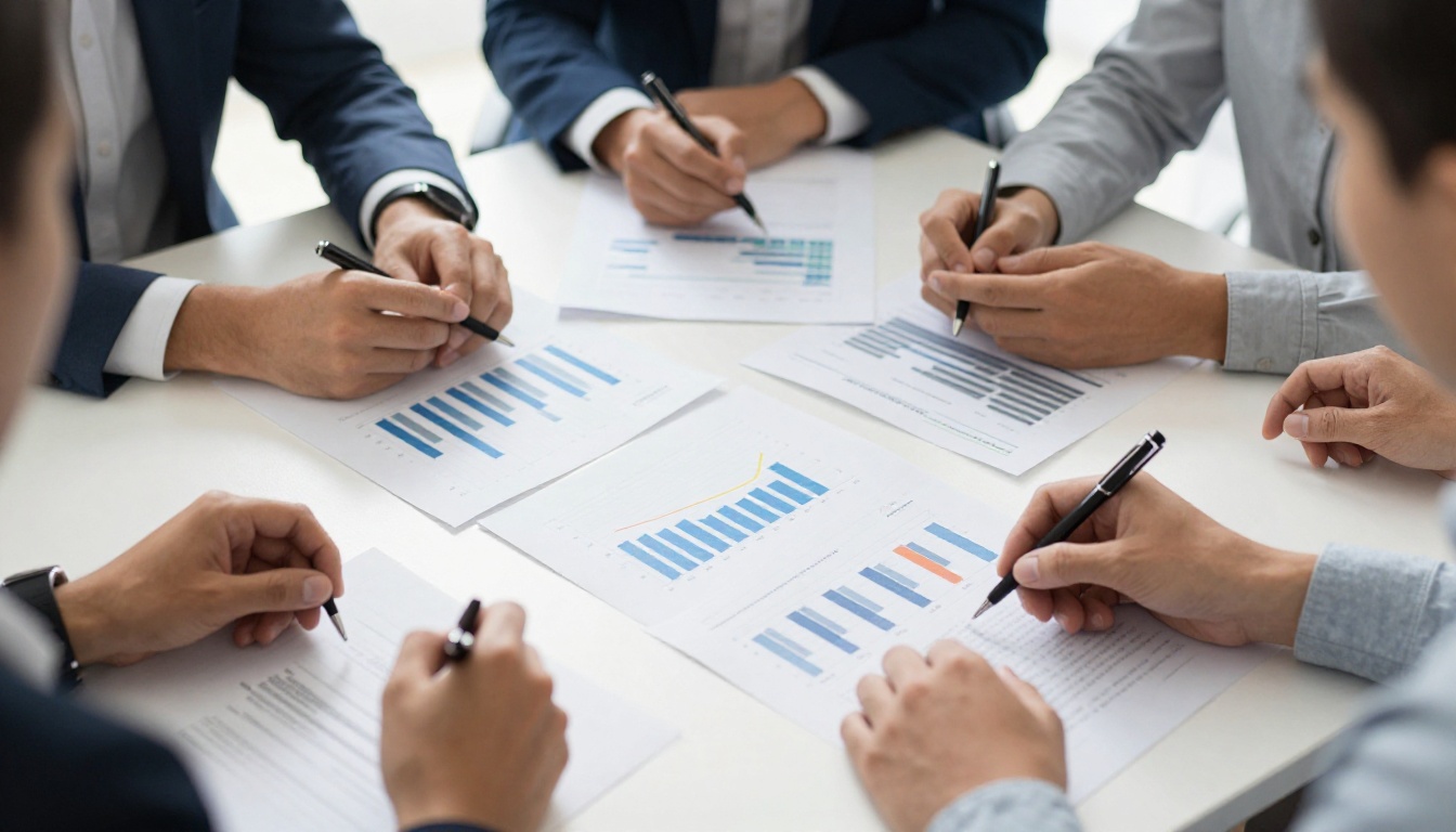 Marketing team reviewing conversion charts around a meeting table