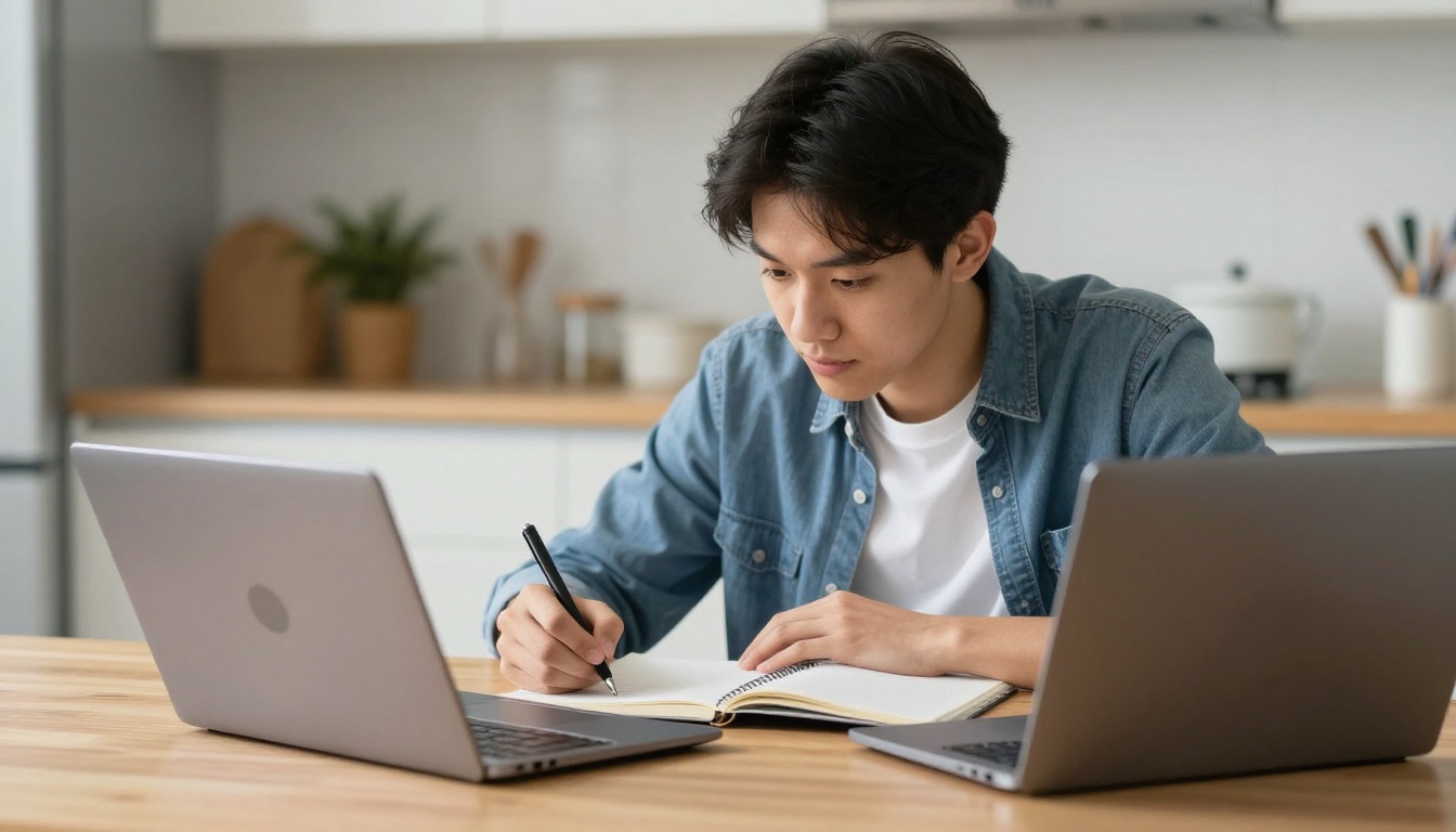 Student at a kitchen table doing homework on a Chromebook with a notebook Student at a kitchen table doing homework on a Chromebook with a notebook