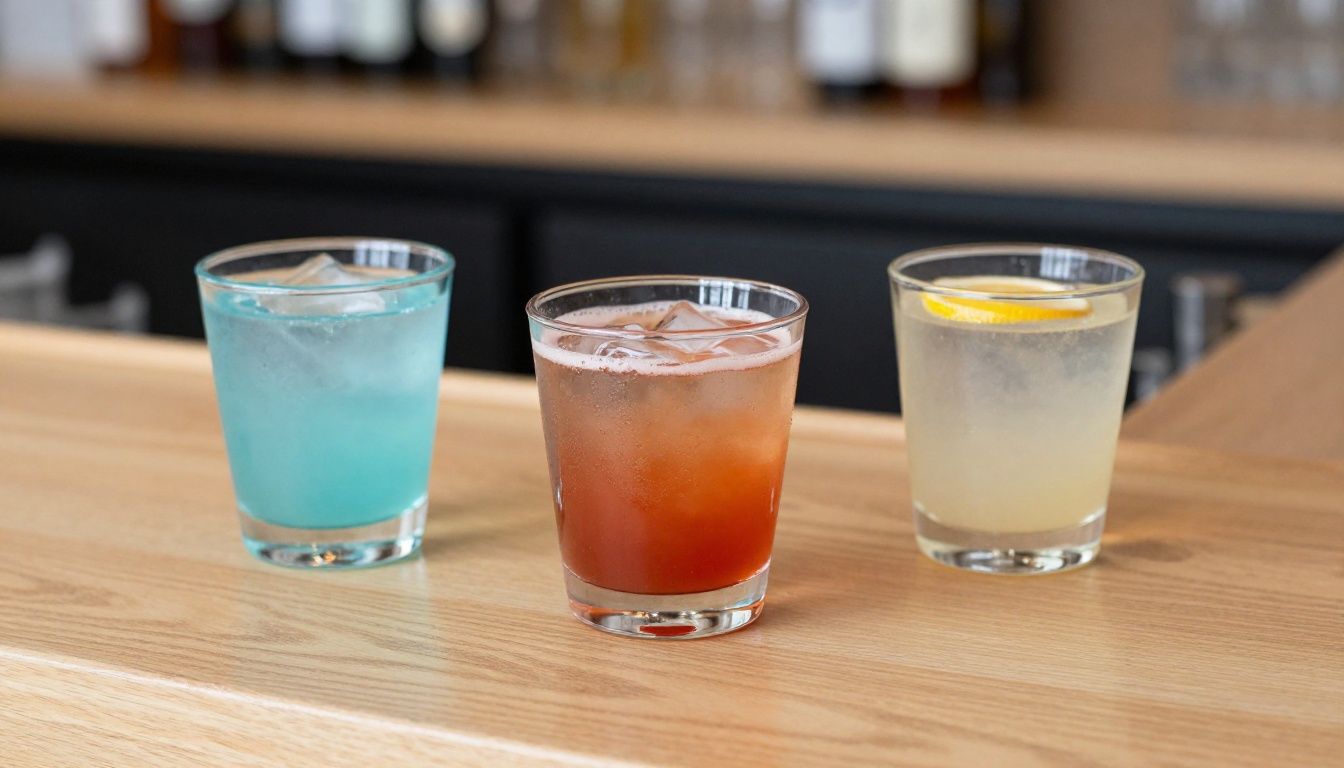 Four colorful mocktails in different glasses on a light oak bar Four colorful mocktails in different glasses on a light oak bar