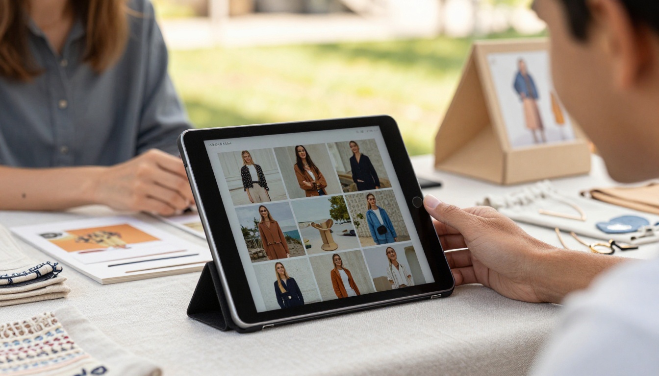 Craft fair vendor showing a lookbook flipbook on a tablet stand Craft fair vendor showing a lookbook flipbook on a tablet stand