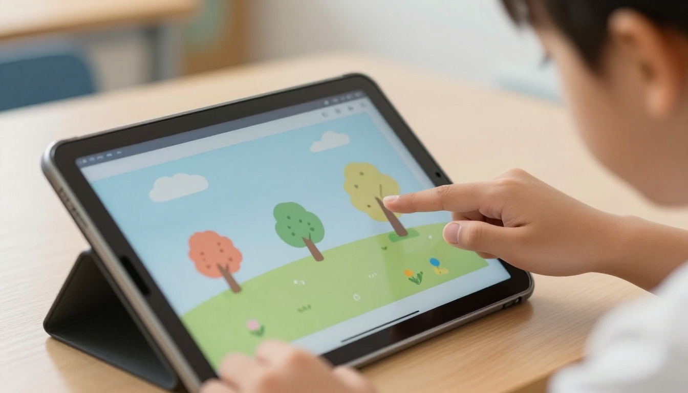 Close-up of a young student swiping a page on a tablet showing a flipbook