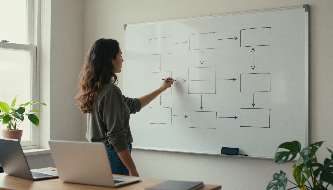 Startup founder mapping a pitch structure on a whiteboard in a sunlit office
