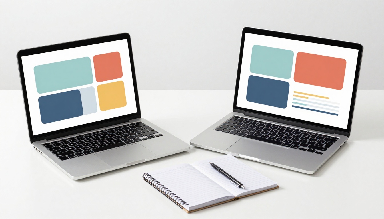 Two laptops side by side on a white desk showing different slide designs