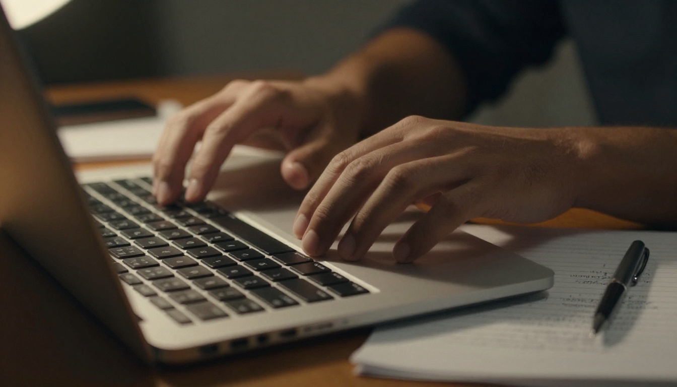 Close-up of hands typing a detailed prompt on a laptop next to handwritten notes