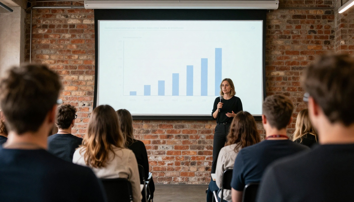 Founder presenting a growth chart to a small audience at a demo day