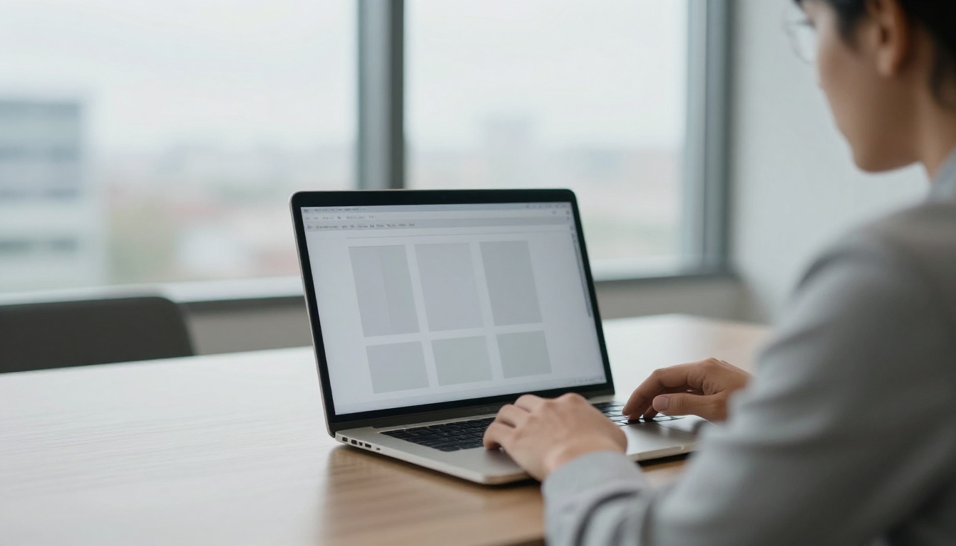 Investor reviewing a plain, generic slide on a laptop in a glass meeting room