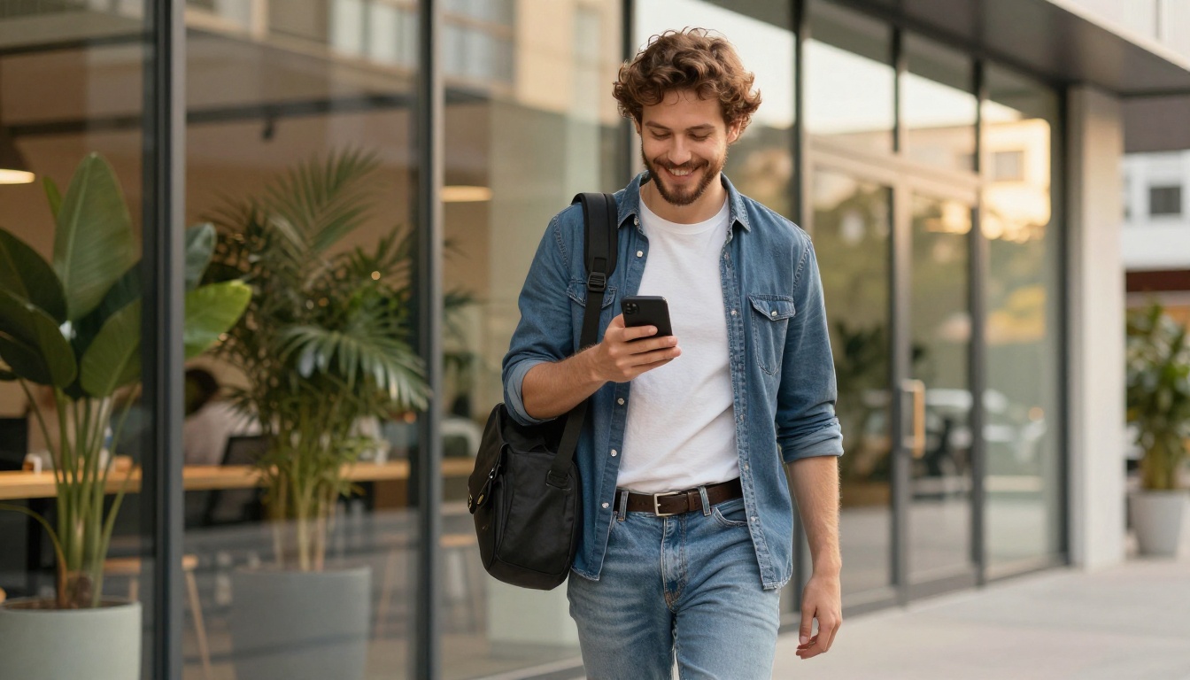 Founder sharing a deck link from a smartphone while leaving a coworking space