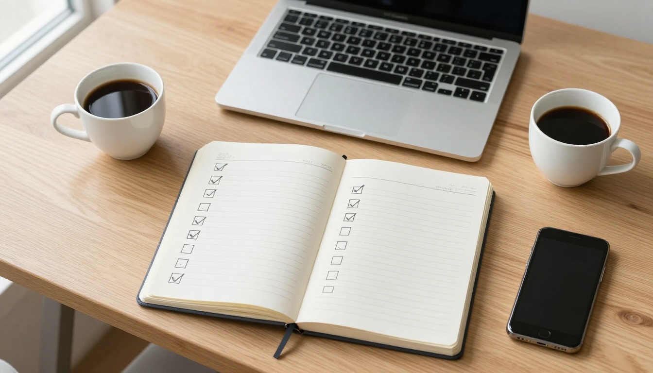 Overhead view of a notebook checklist, laptop and coffee on a founder's desk