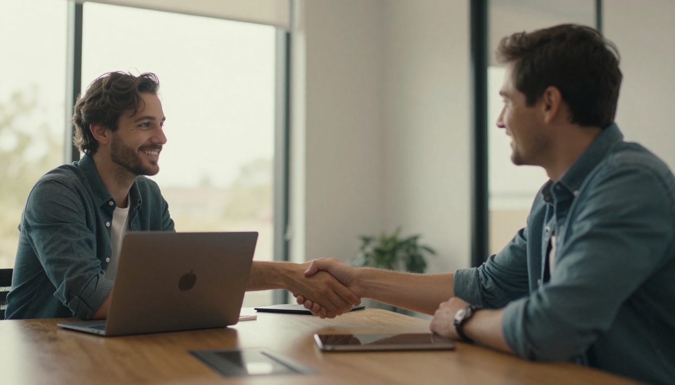 Founder shaking hands with an investor across a meeting table after a pitch