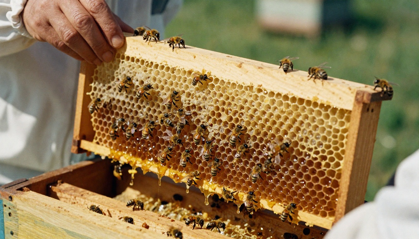 Beekeeper lifting a honey-dripping frame from a wooden hive Beekeeper lifting a honey-dripping frame from a wooden hive