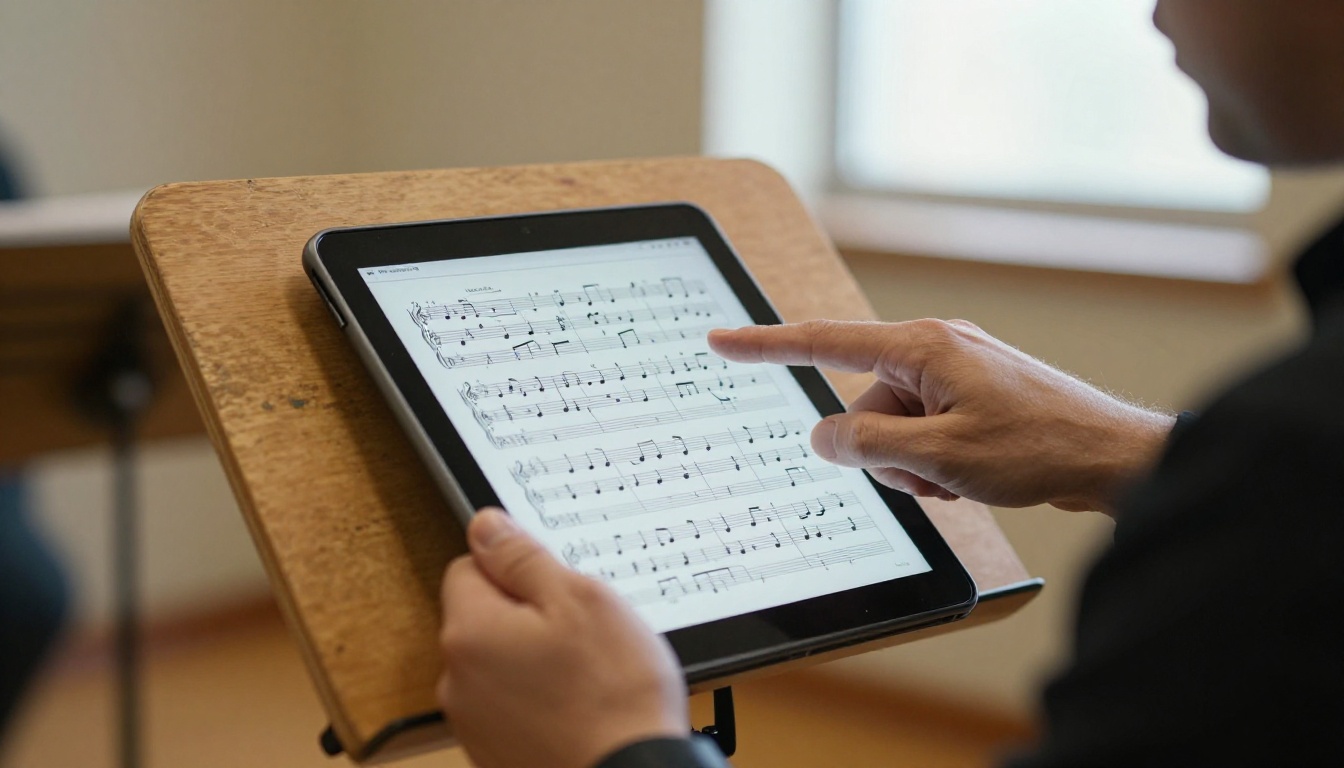 A church director holding a tablet with a hymn score