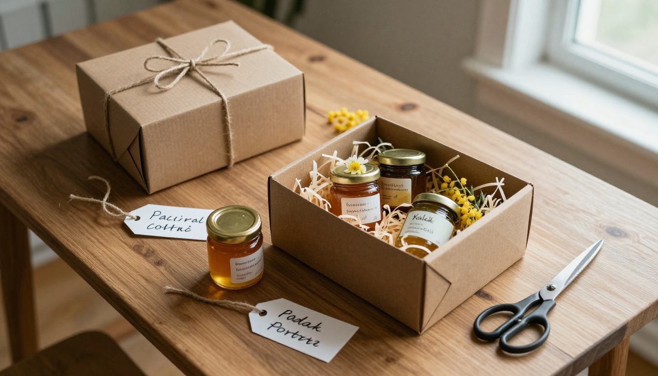 Aerial view of a kraft honey gift box with three jars and twine Aerial view of a kraft honey gift box with three jars and twine