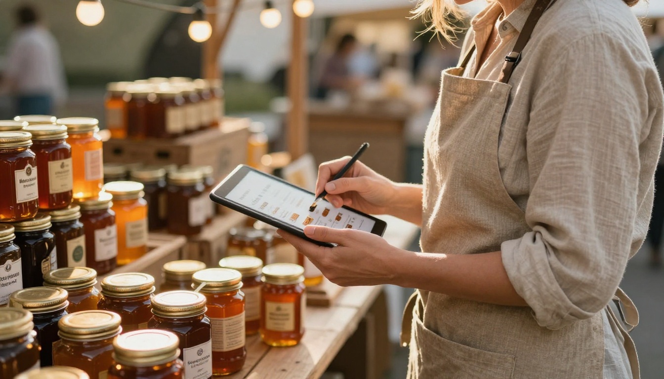Farmer holding a tablet with a honey catalog at a market stall Farmer holding a tablet with a honey catalog at a market stall