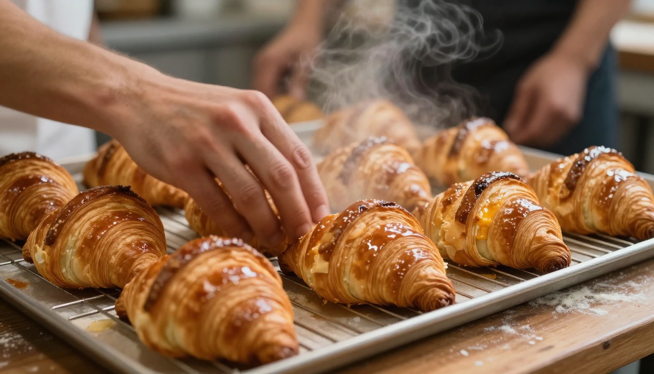 Baker hands sliding fresh croissants onto a cooling rack