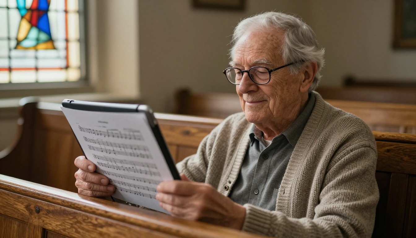 An older choir member reading enlarged sheet music on a tablet