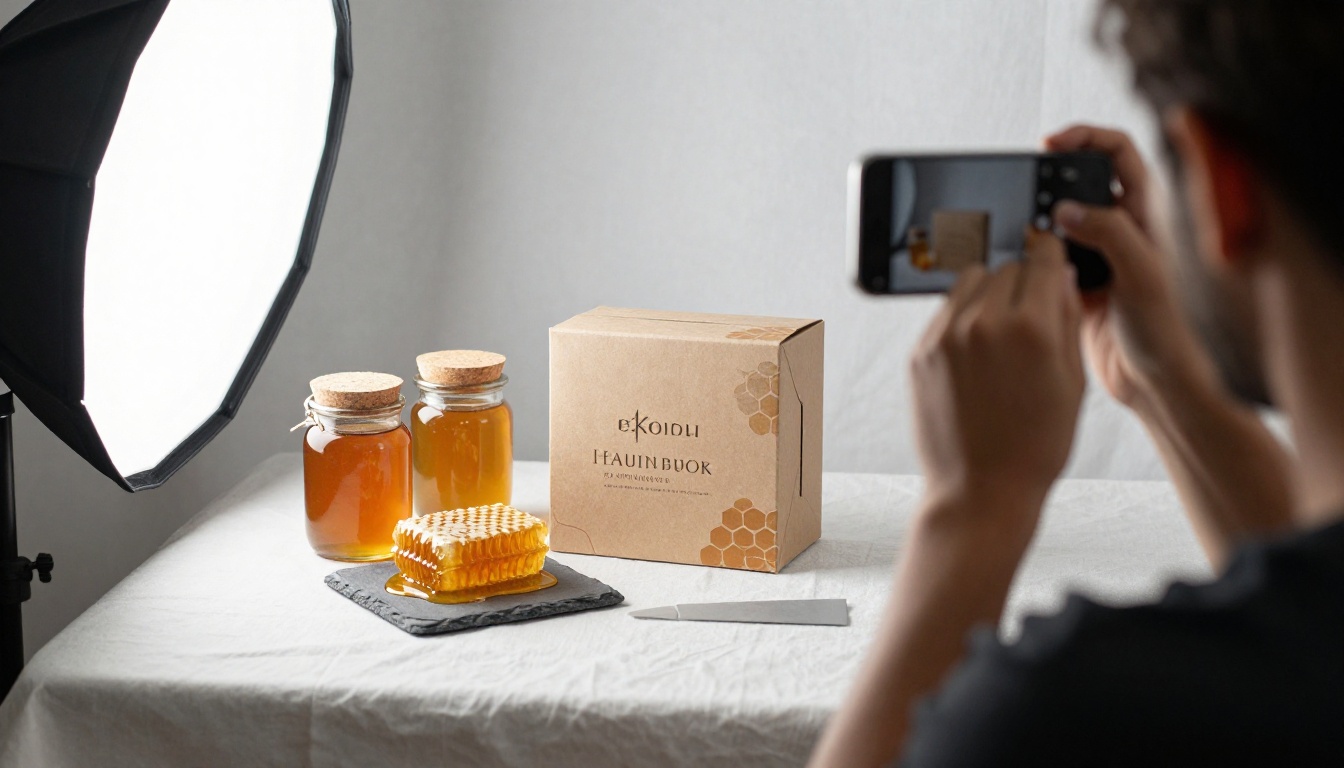 Beekeeper photographing a honey gift box on white linen Beekeeper photographing a honey gift box on white linen