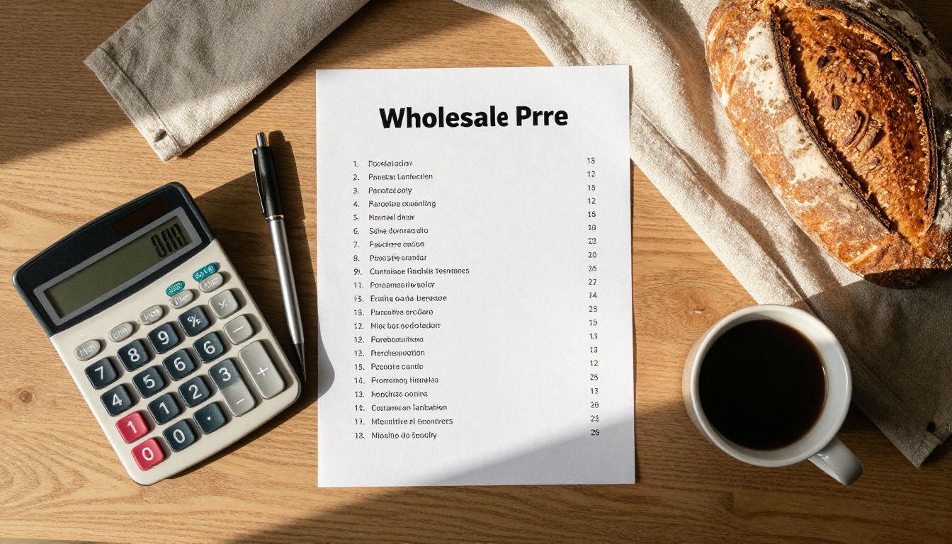 Overhead view of a printed wholesale price list with sample loaves on a wooden table