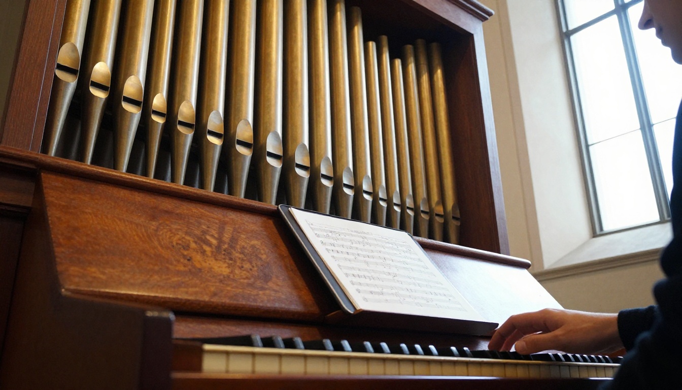 An organist at a pipe organ console with a tablet on the music desk