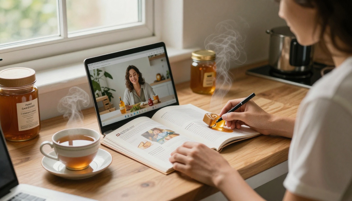 Customers browsing a honey catalog on a laptop at a kitchen counter Customers browsing a honey catalog on a laptop at a kitchen counter