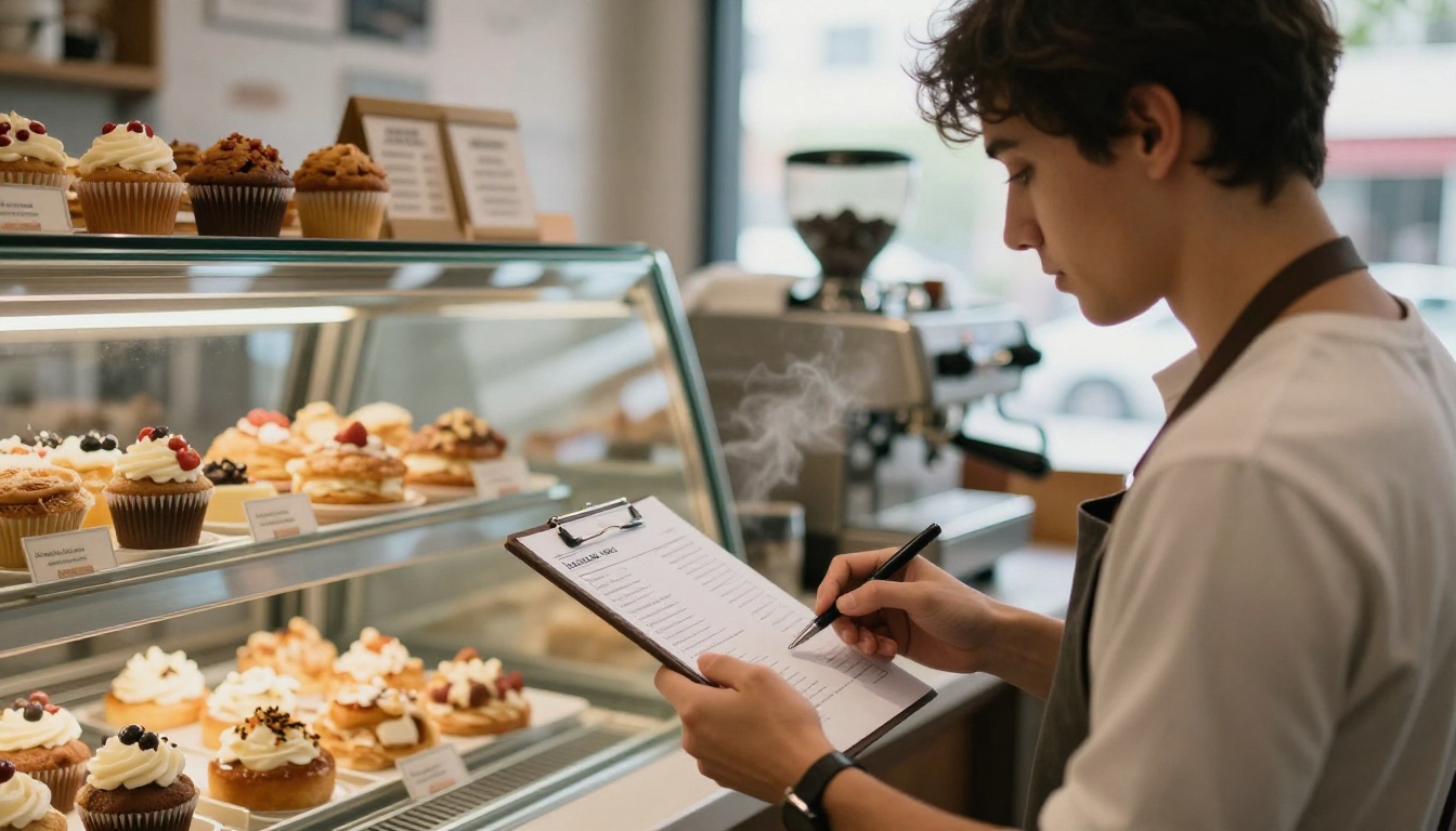 Cafe owner reading a bakery order on a smartphone at the espresso counter