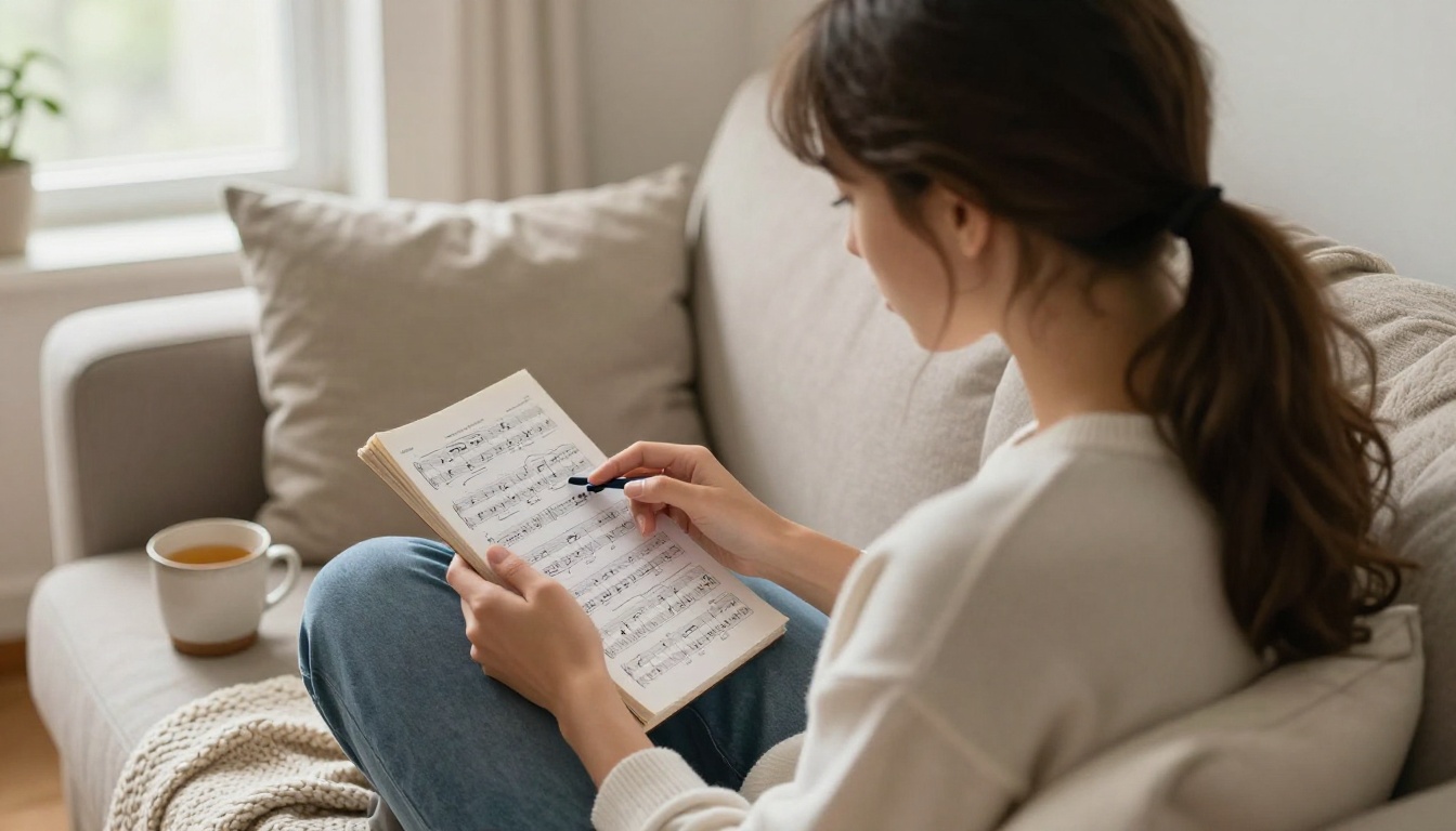 A young woman practicing a hymn on her phone at home