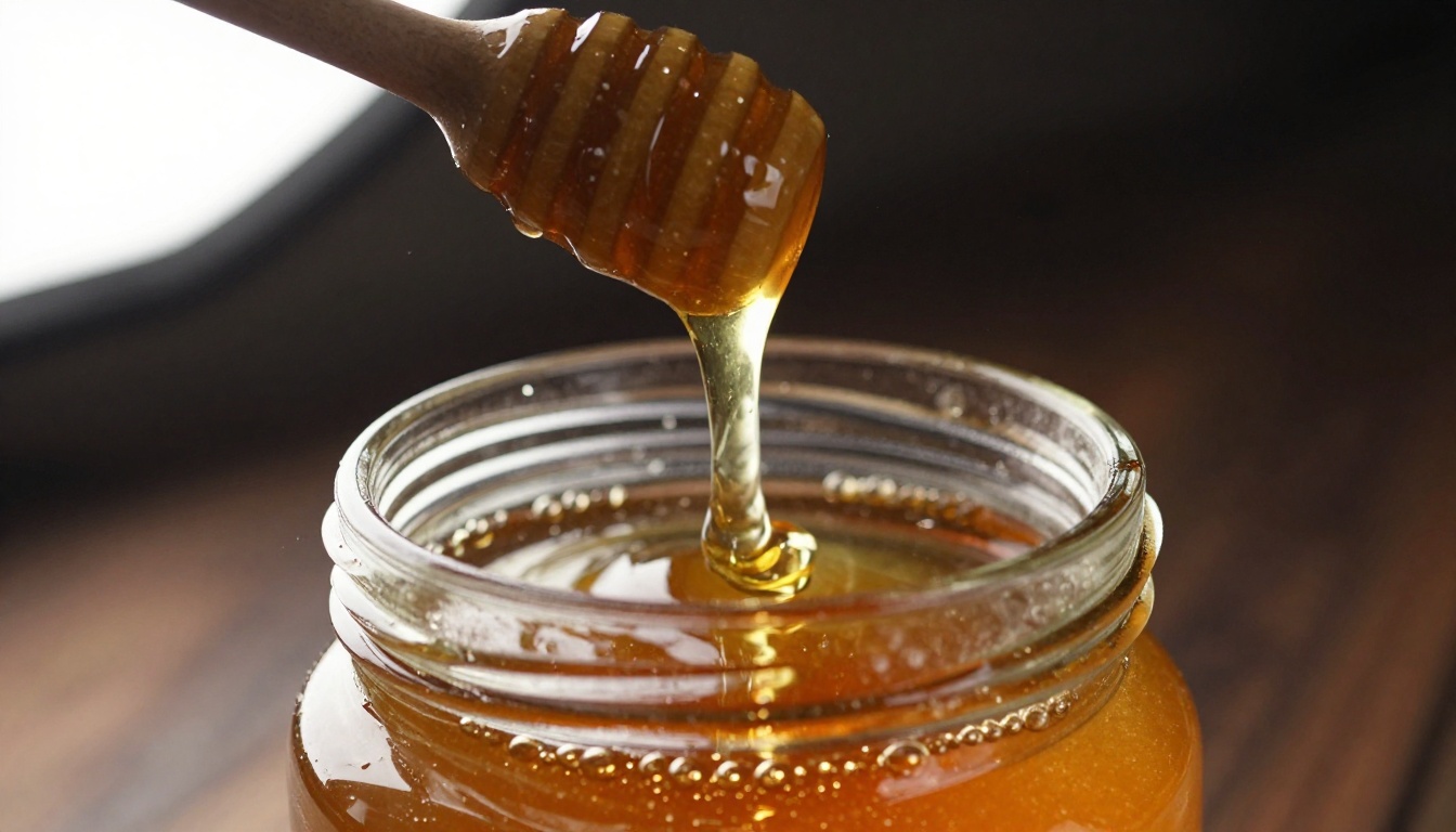 Honey pouring from a wooden dipper into a glass jar Honey pouring from a wooden dipper into a glass jar